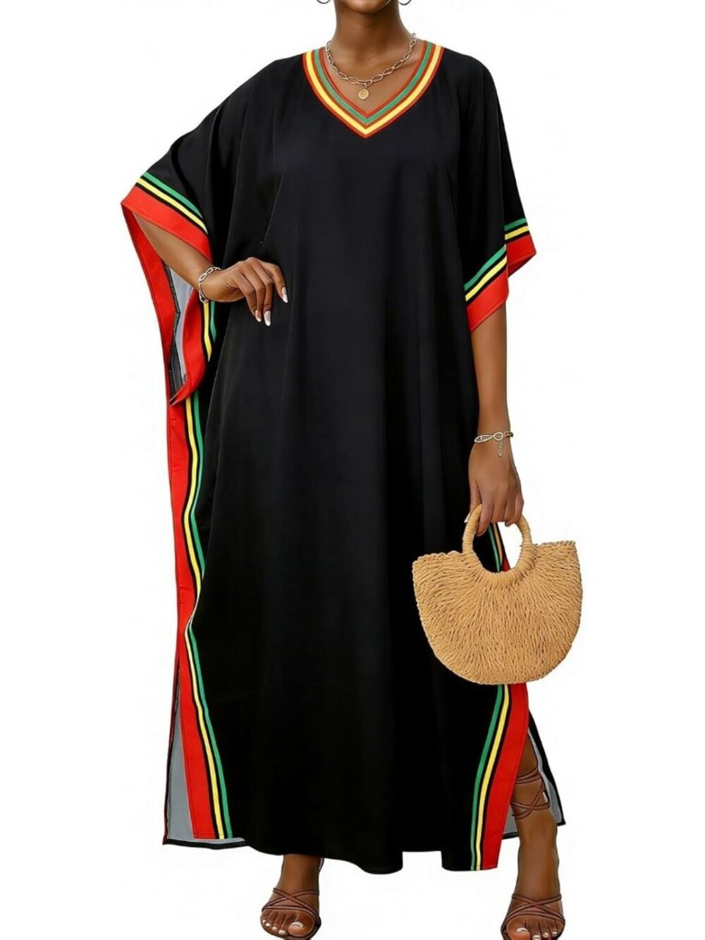 Women's Black Stripe Trim Plus Size V Neck Caftan Long Batwing Sleeve Cover Up